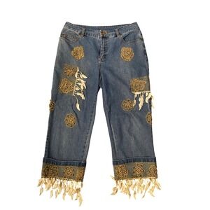 Y2k Simon Chang Embellished Denim Jeans Women Size 6 Beaded Fringe Boho Cropped